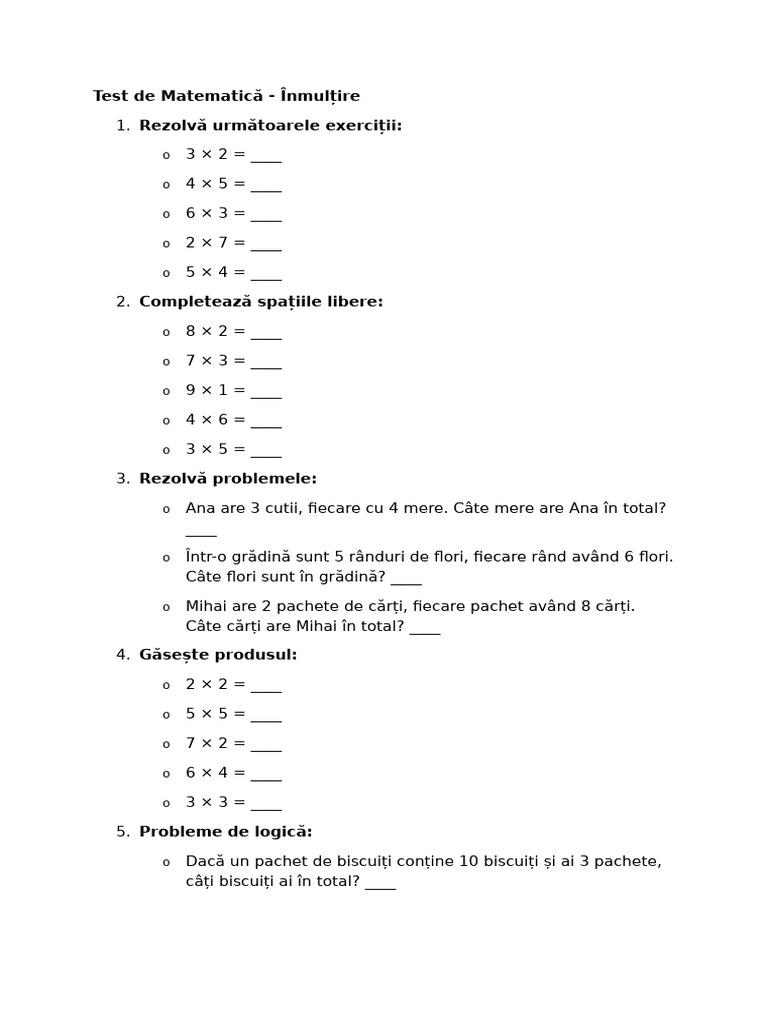 Test de Matematică. Clasa 2 Inmultire Copilot | PDF