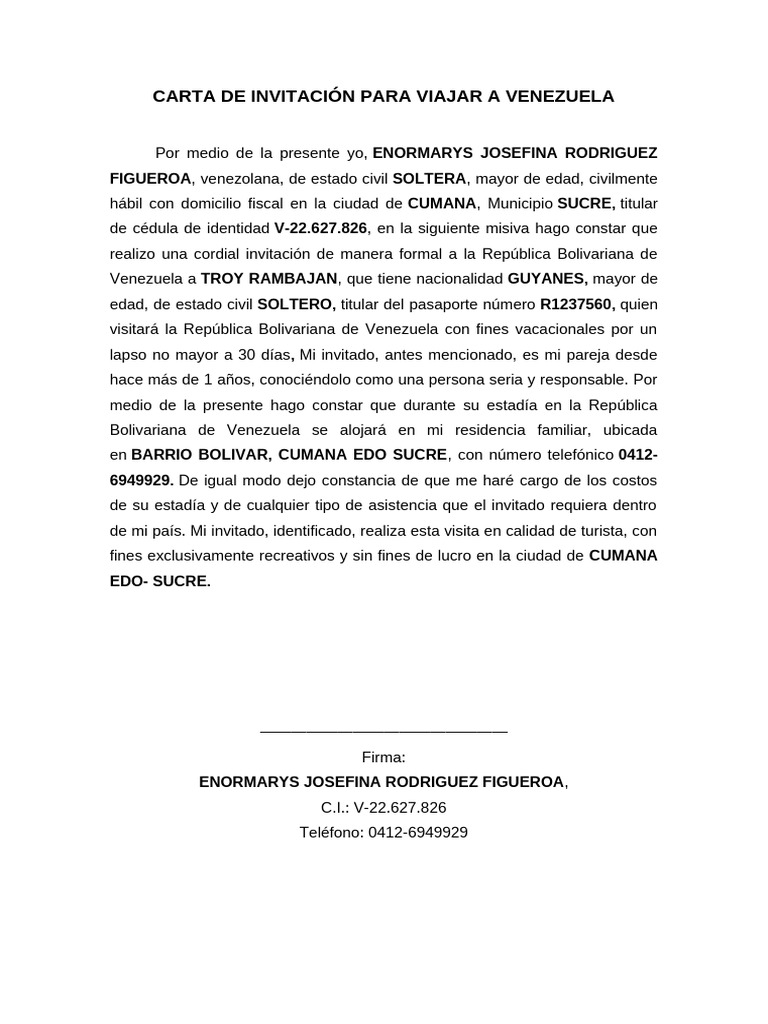 Carta de Invitación A Venezuela | PDF