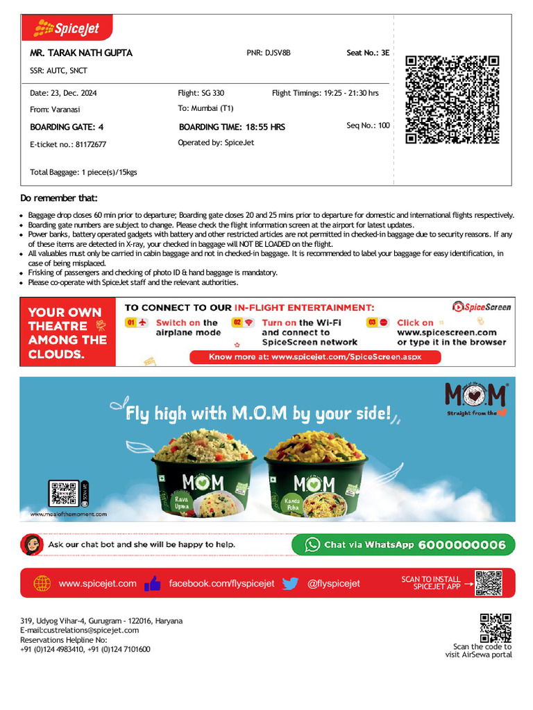 SpiceJet Flight Details: Varanasi to Mumbai | PDF
