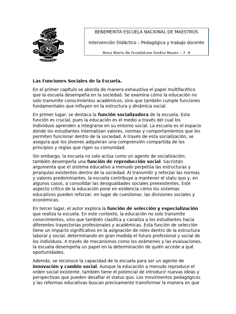 Funciones Sociales de la Escuela | PDF | Sociedad | Escuelas