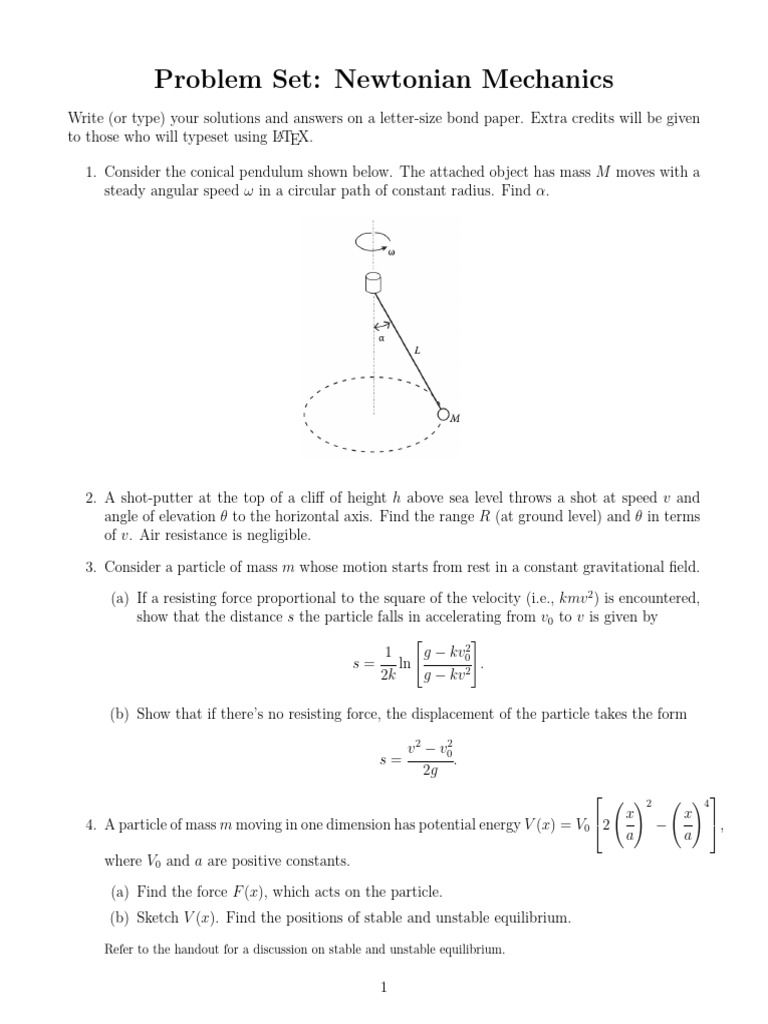 Problem Set Newtonian Mechanics | PDF | Force | Mass