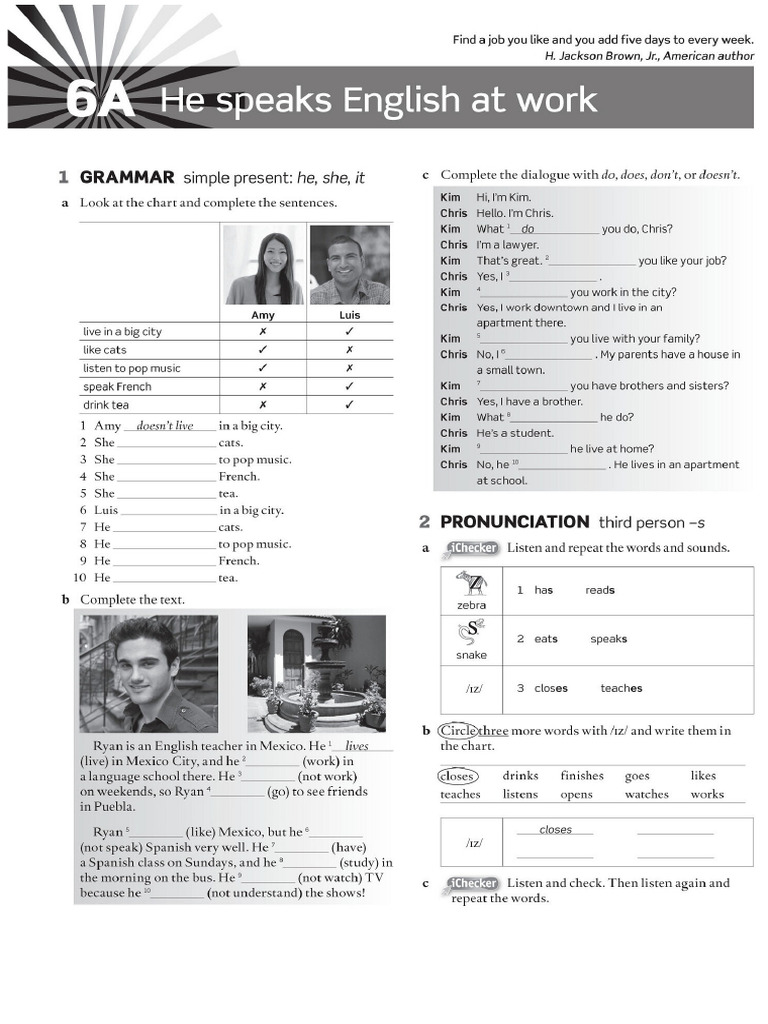 A1 Starter Workbook 6a - He Speaks English at Work | PDF