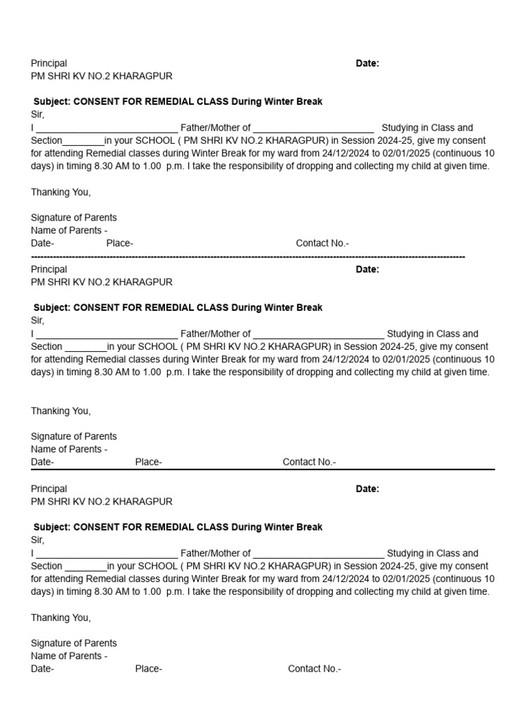 Winter Break Remedial Class Consent | PDF