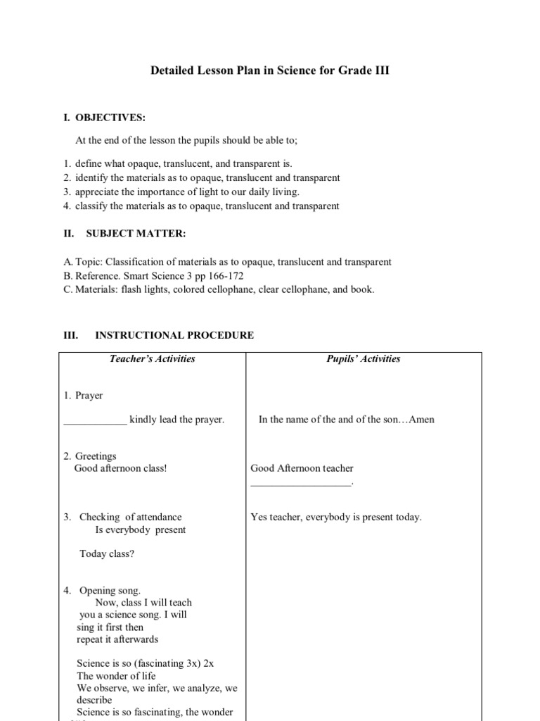 Detailed Lesson Plan in Science for Grade III  Shadow 