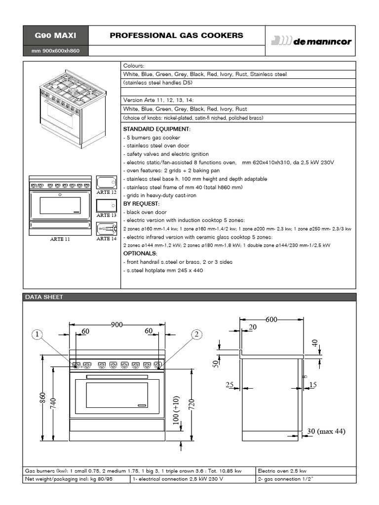 G90 Maxi Gas Cooker Specifications | PDF | Oven | Home Appliance