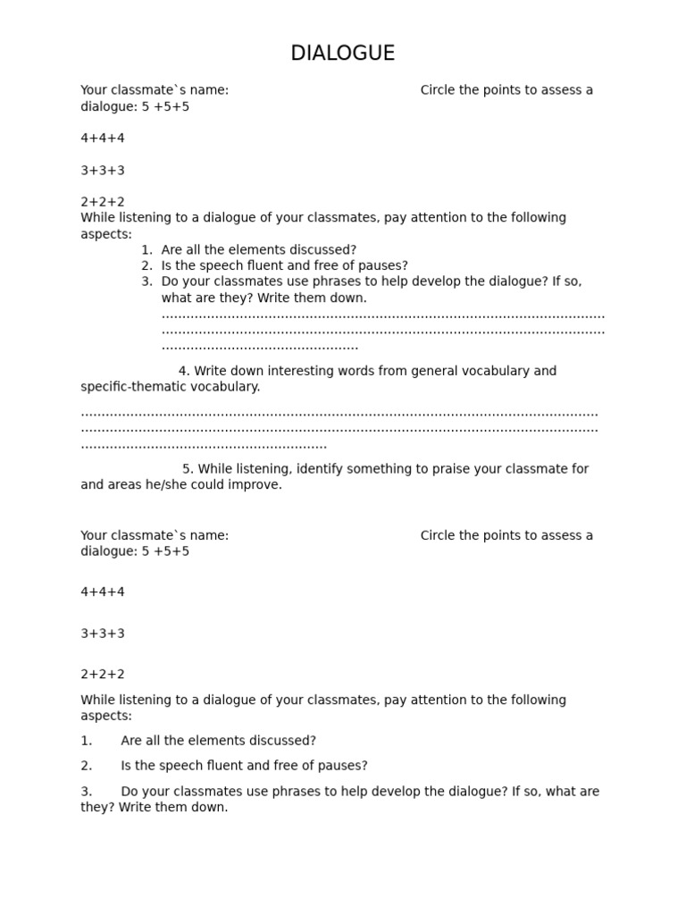 Classmate Dialogue Assessment Guide | PDF