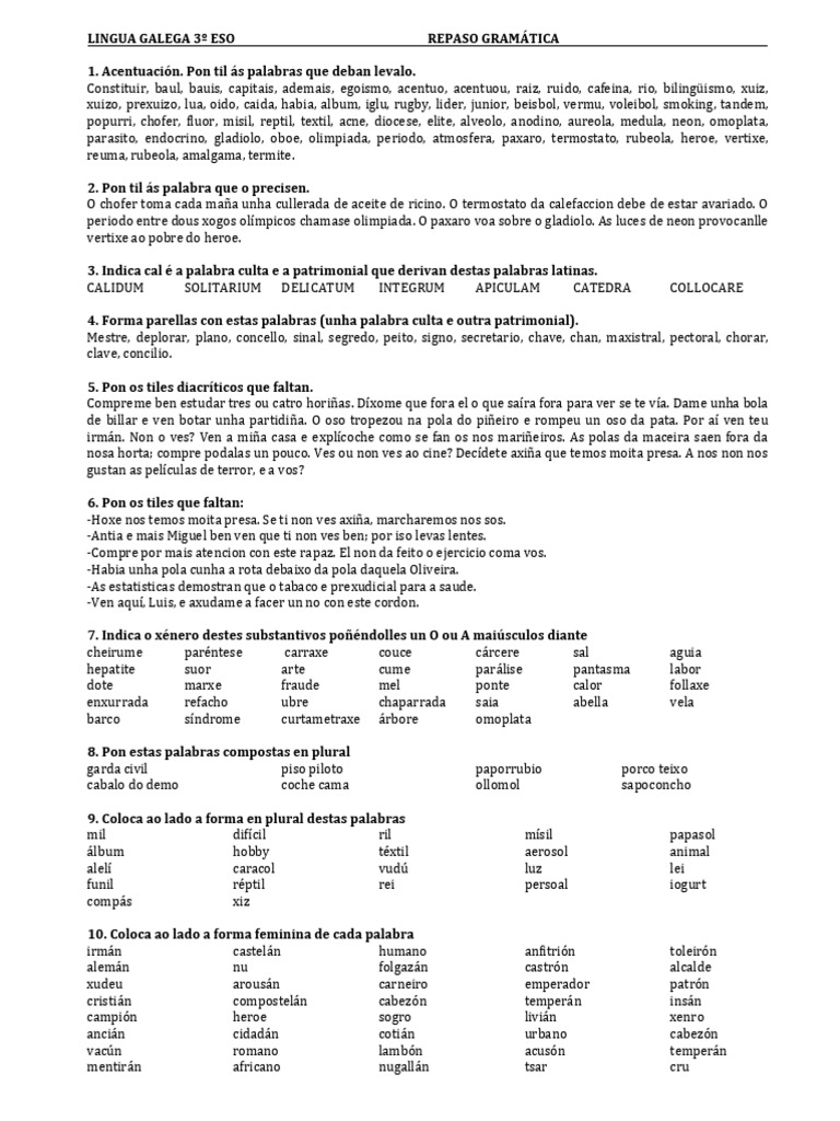 Lingua Galega 3âº Eso Repaso Gramaì Tica | PDF