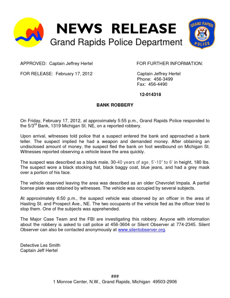 Grand Rapids Bank Robbery Report 2012 | PDF | Violence | Misconduct