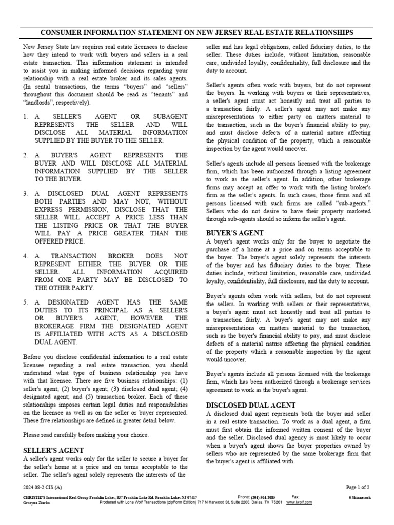 NJ Real Estate Agency Relationships Guide | PDF | Law Of Agency ...