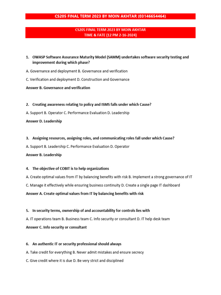 CS205 Final Term Prep Guide 2023 | PDF | Security | Computer Security