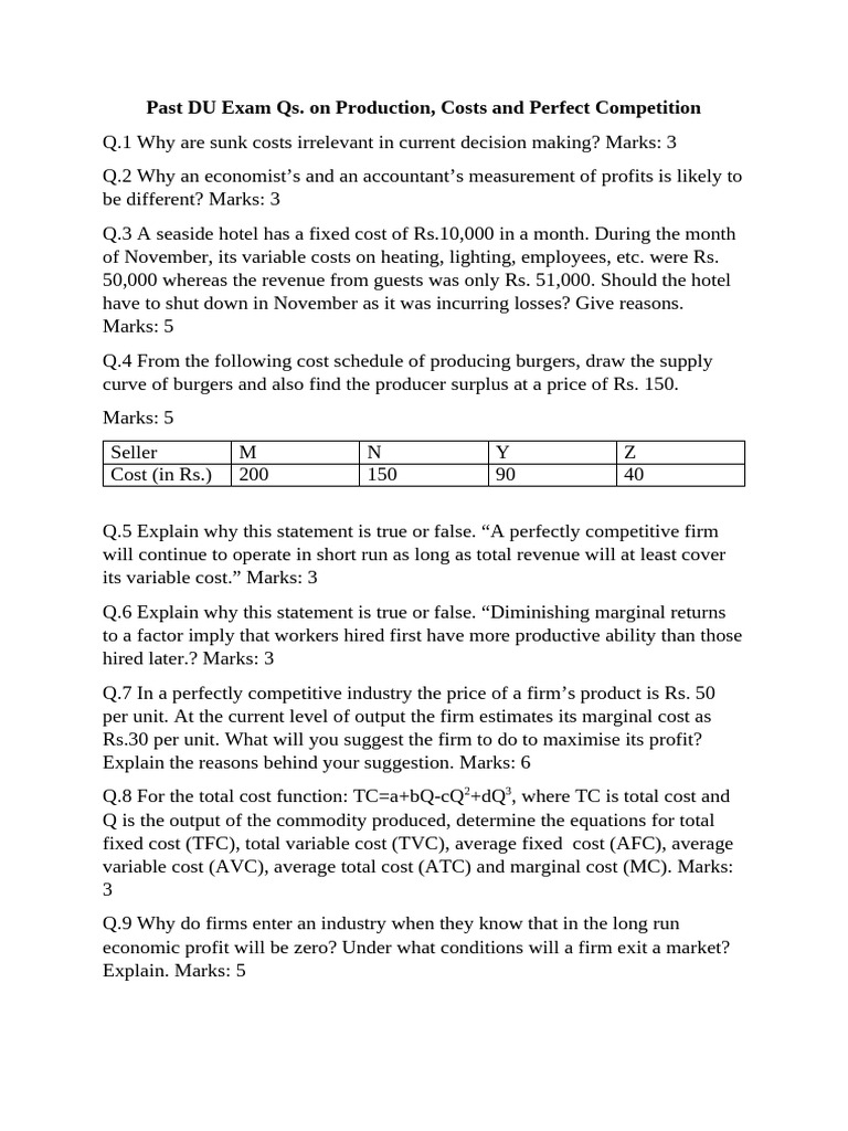 Past DUExam Qson Production Costsand Perfect Competition | PDF