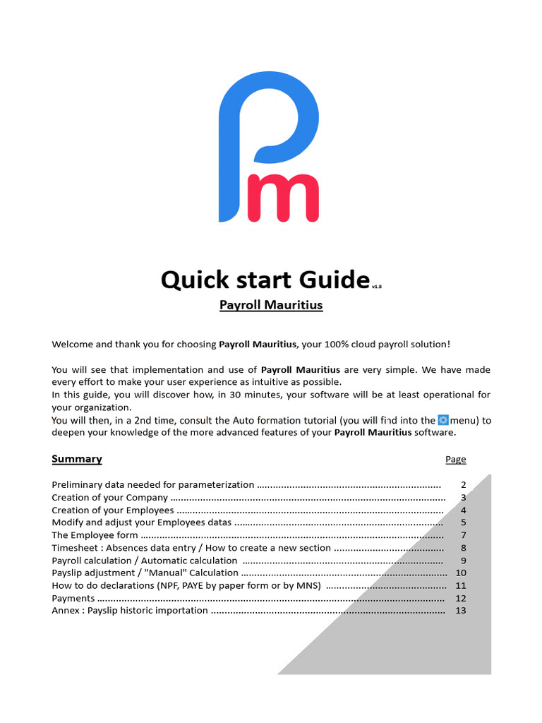 Payroll Mauritius - Quick Start Guide | PDF | Payroll | Paycheck