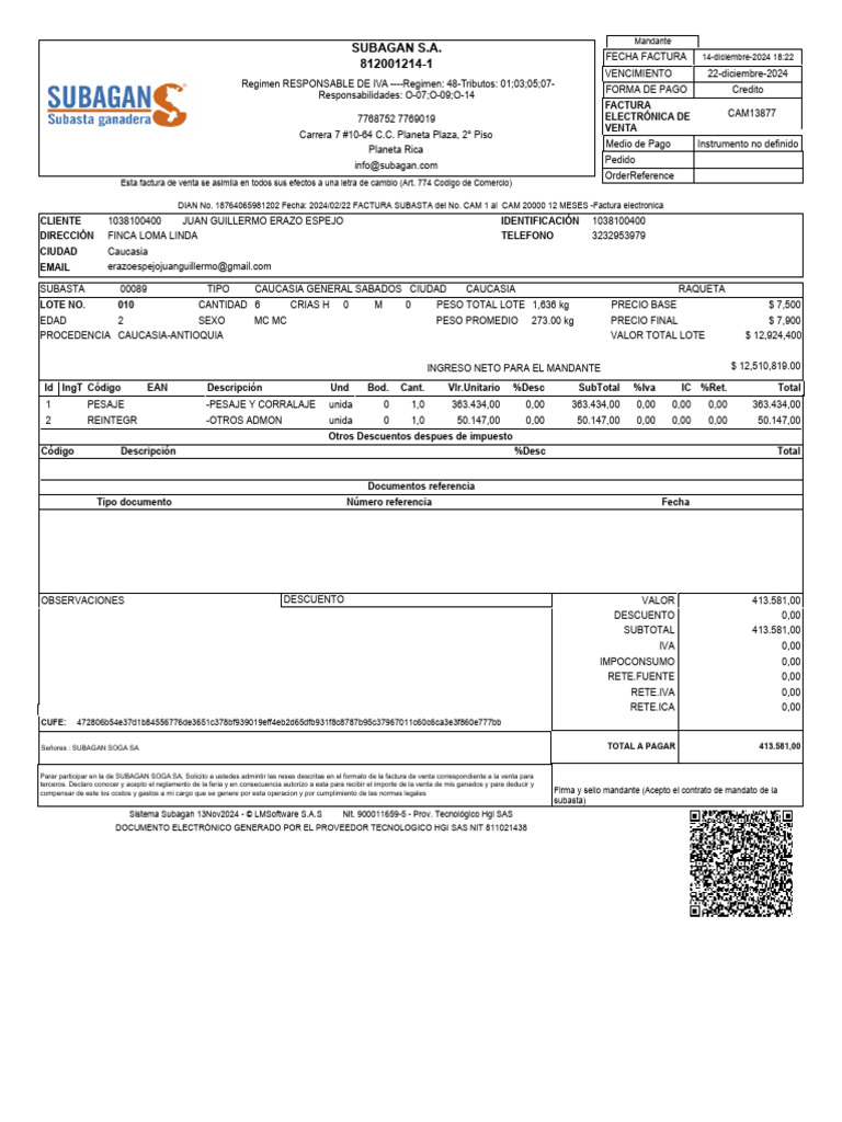 FV 081200121402824 CAM00013877 | PDF | Factura | Documentos empresariales