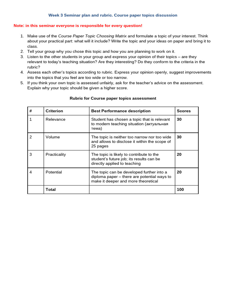 Week 3 Seminar: Paper Topics & Rubric | PDF