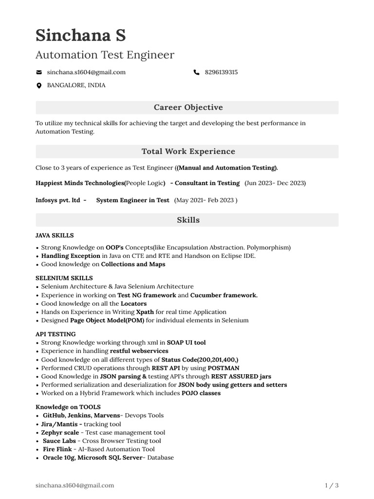 Sinchana S Software Test Engineer Resume 2024 - 1730354851107 ...