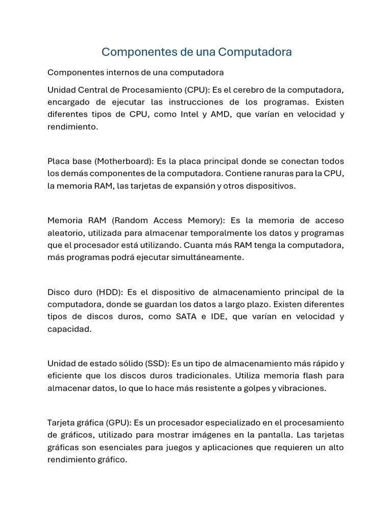 Componentes Esenciales de una Computadora | PDF | Hardware de la ...