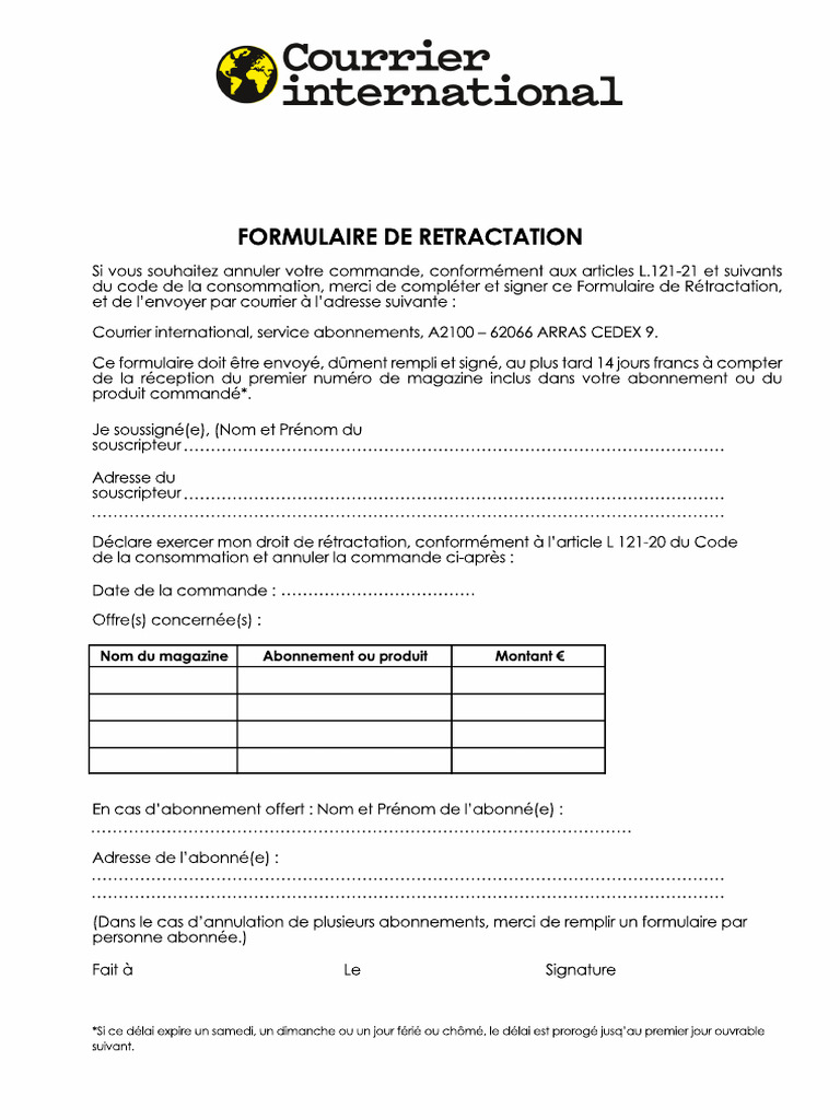 Formulaire de Rétractation Abonnement | PDF