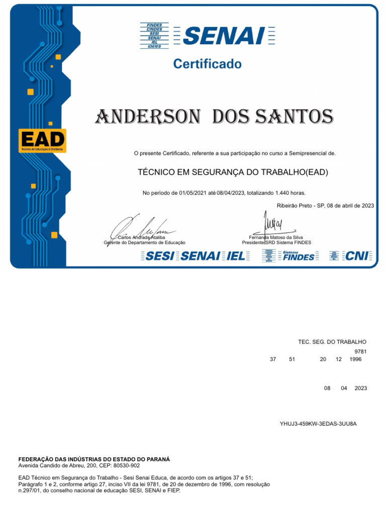 Certificado Técnico em Segurança do Trabalho | PDF