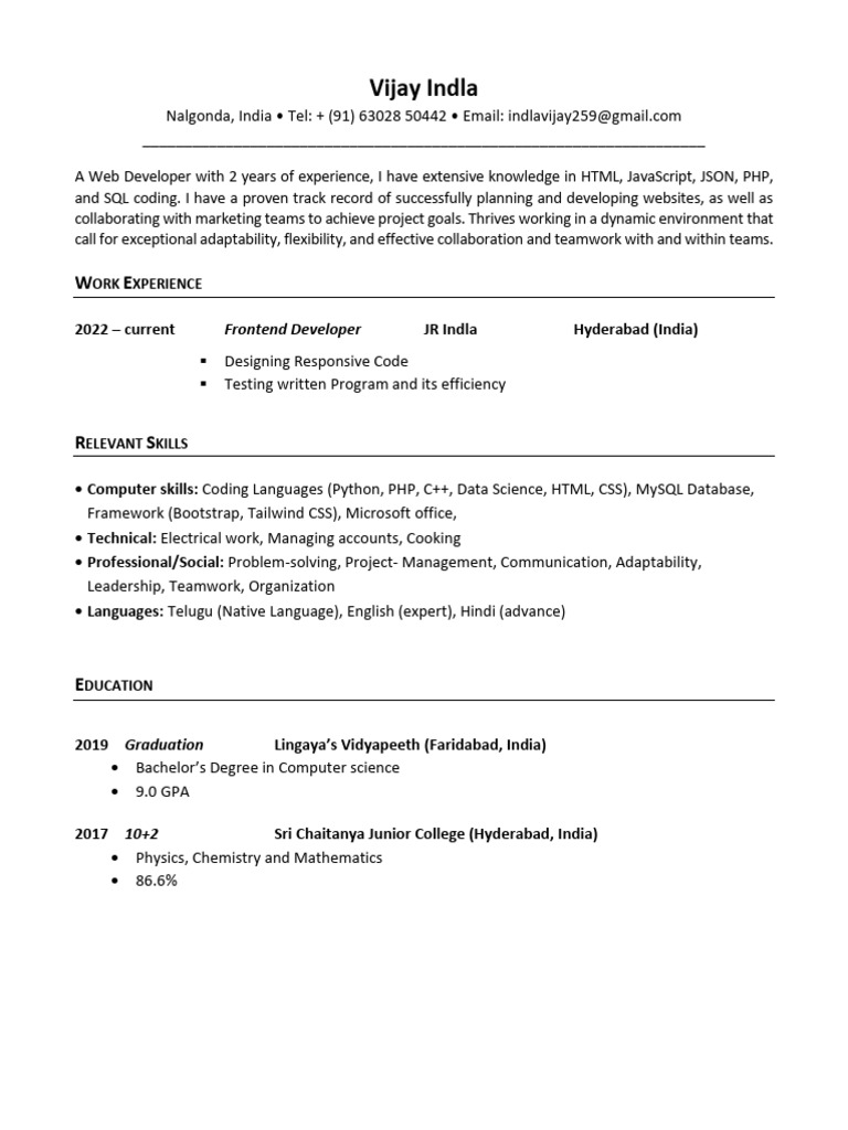 Web Developer Resume - Vijay Indla | PDF