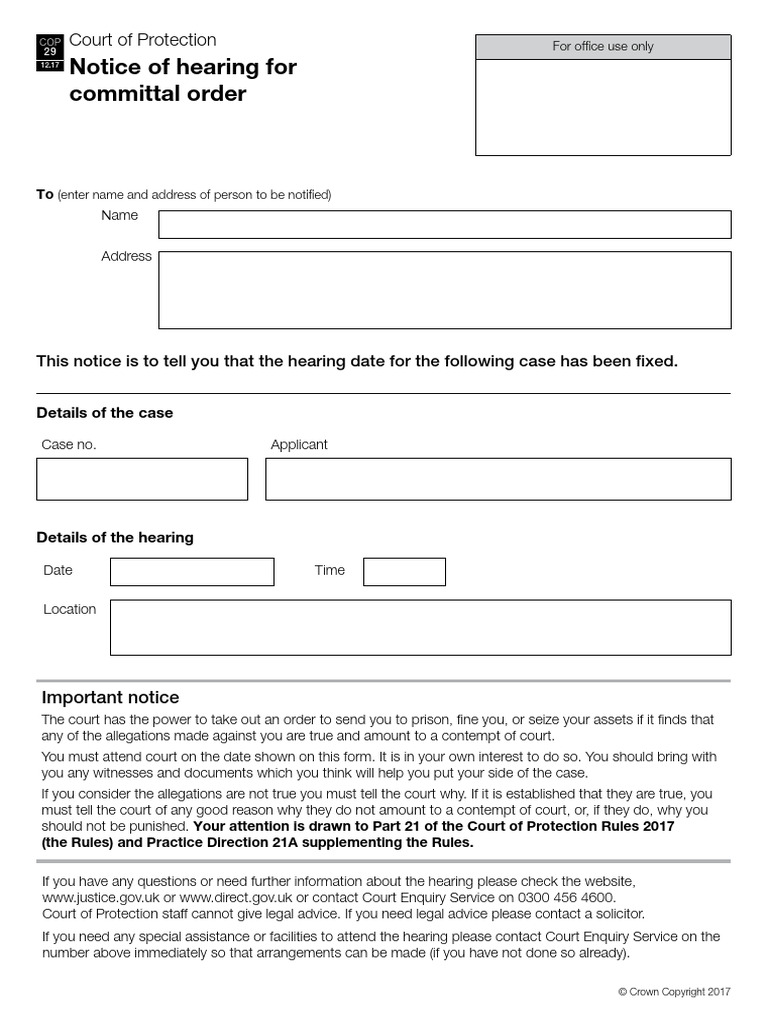 Court of Protection Hearing Notice | PDF