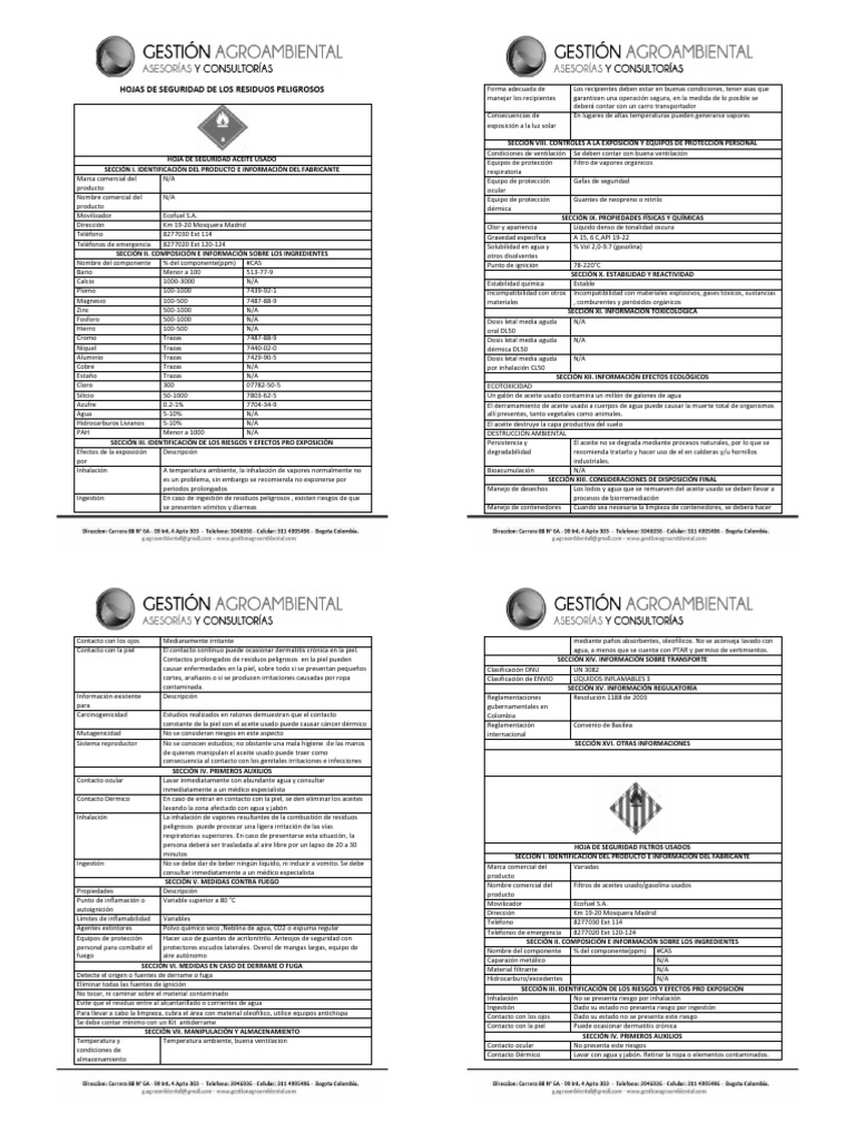 Hoja de Seguridad: Residuos Peligrosos | PDF | Agua | Contaminación