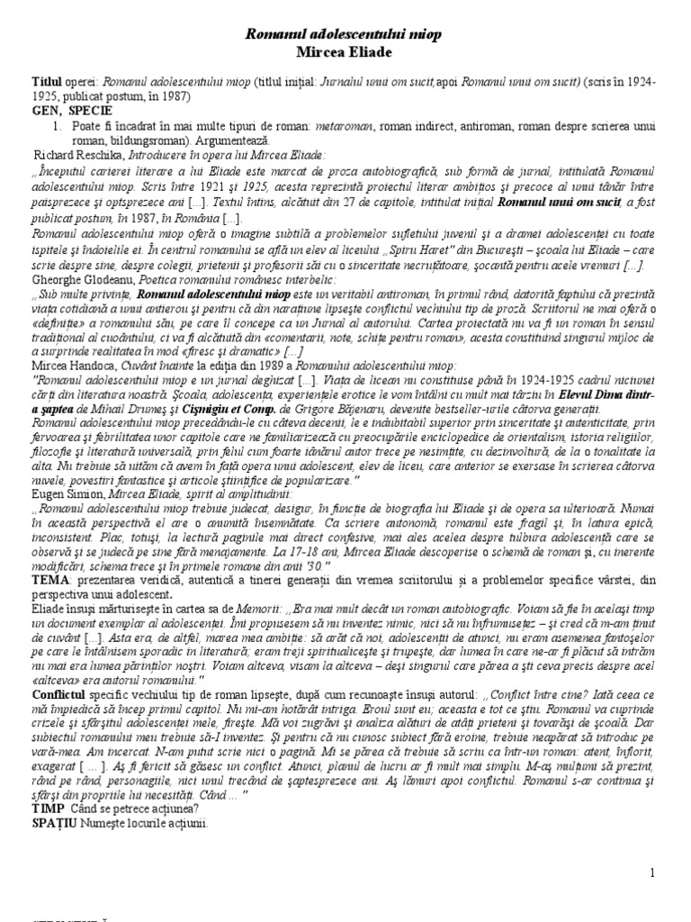 Fisa De Lectura Romanul Adolescentului Miop Romanul Adolescentului Miop Fisa | PDF