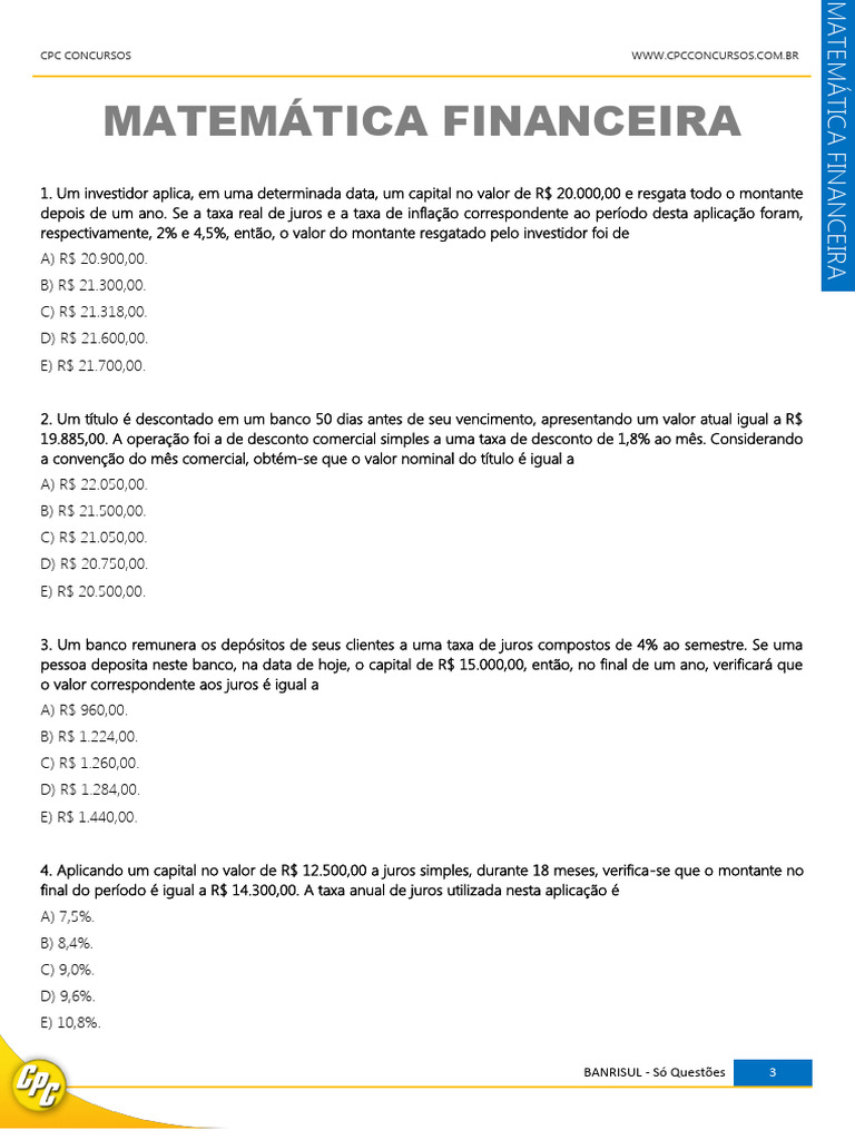 Questões de Matemática Financeira | PDF | Juros | Desconto
