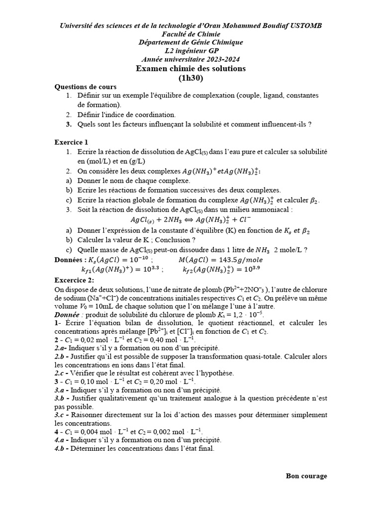 Examen de Chimie des Solutions L2 | PDF | Équilibre chimique | Chimie