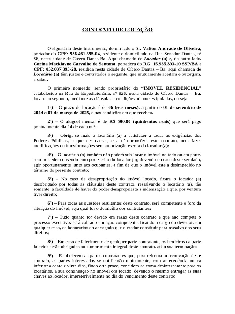 Contrato de Locação Residencial em BA | PDF | Aluguel | Direito Civil ...