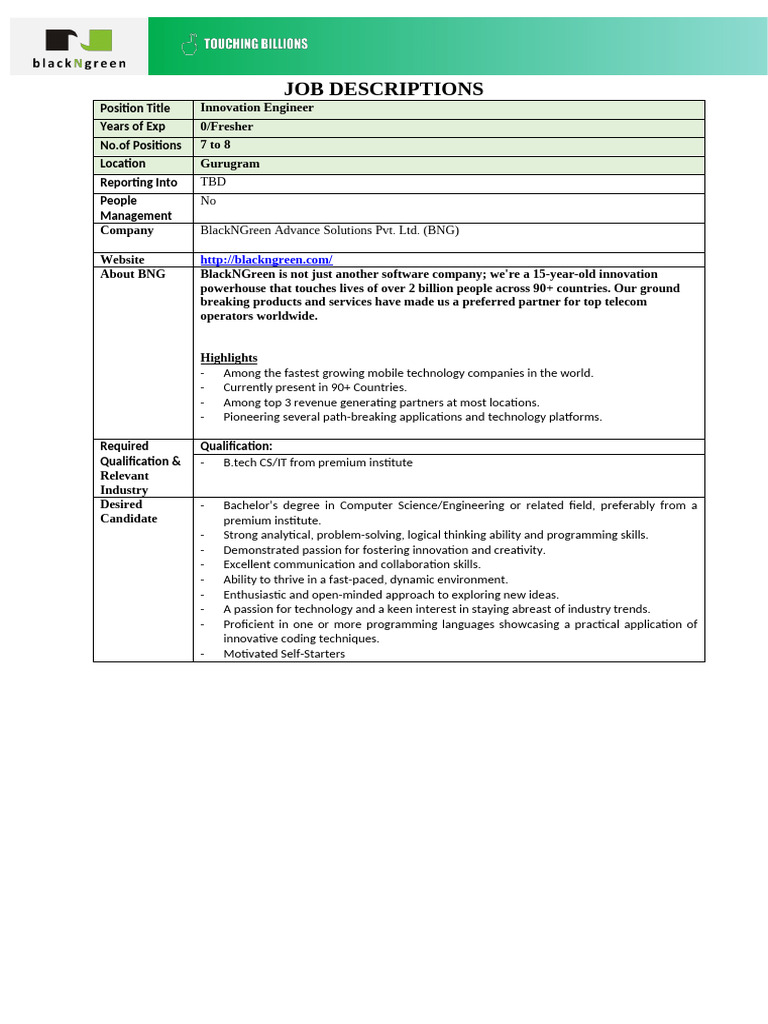 Innovation Engineer Position at BNG | PDF | Innovation | Computer ...