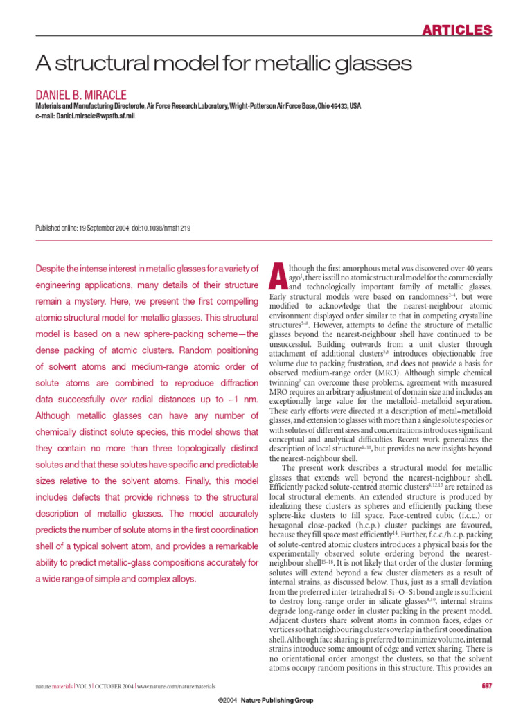 A Structural Model For Metallic Glasses | PDF | Crystal Structure ...