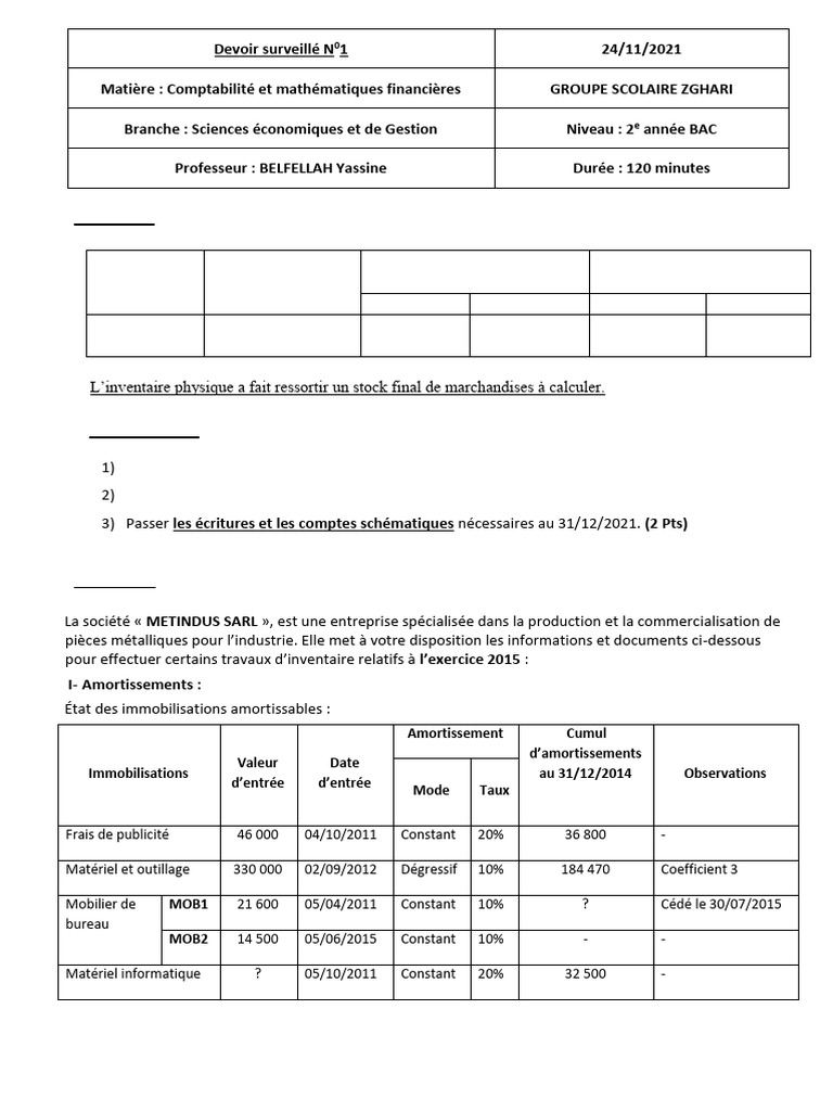 Devoir Surveillé en Comptabilité BAC 2 | PDF | Dépréciation | Inventaire