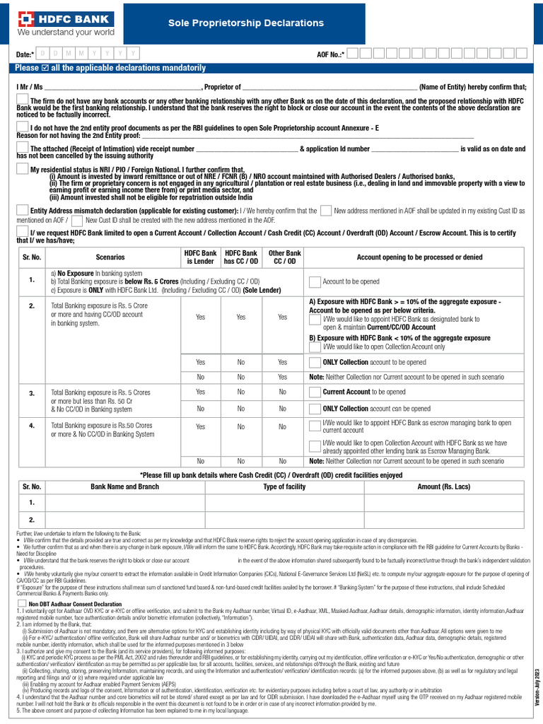 Sole Proprietorship Account Declaration Form | PDF | Financial Services ...