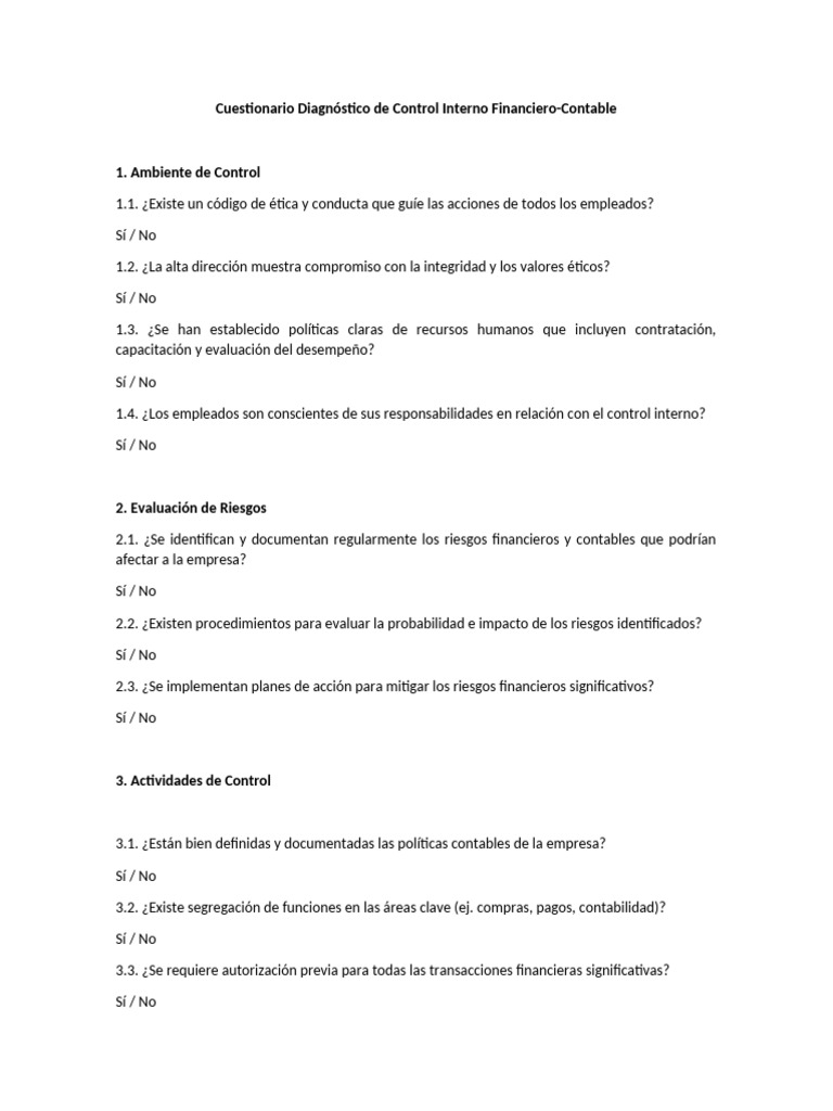 Cuestionario de Control Interno Financiero | PDF | Contabilidad | Business