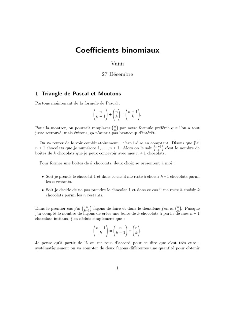 Coefficients binomiaux et triangle de Pascal | PDF | Mathématiques ...