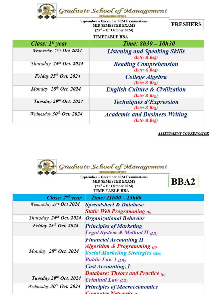 BBA & MBA Exam Timetable: Oct 2024 | PDF | Academic Term | Business