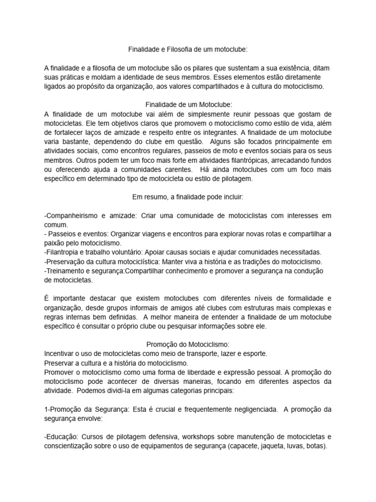 Finalidade e Filosofia de Um Motoclube | PDF | Motocicleta | Amizade