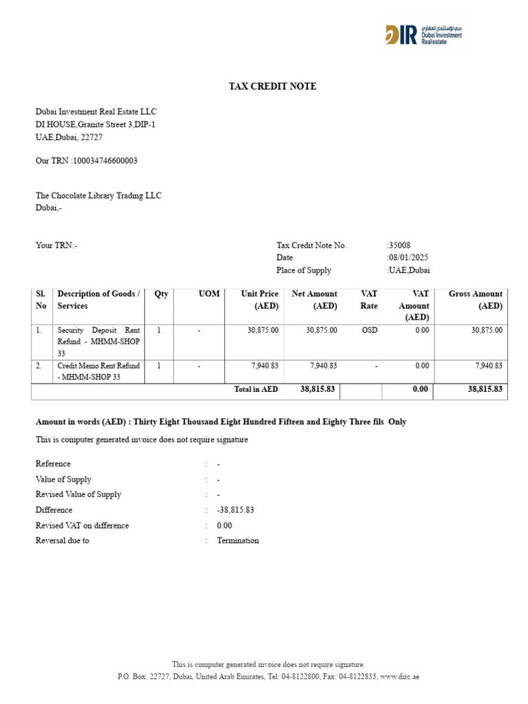 Dubai Tax Credit Note for Rent Refund | PDF | Value Added Tax | Public ...