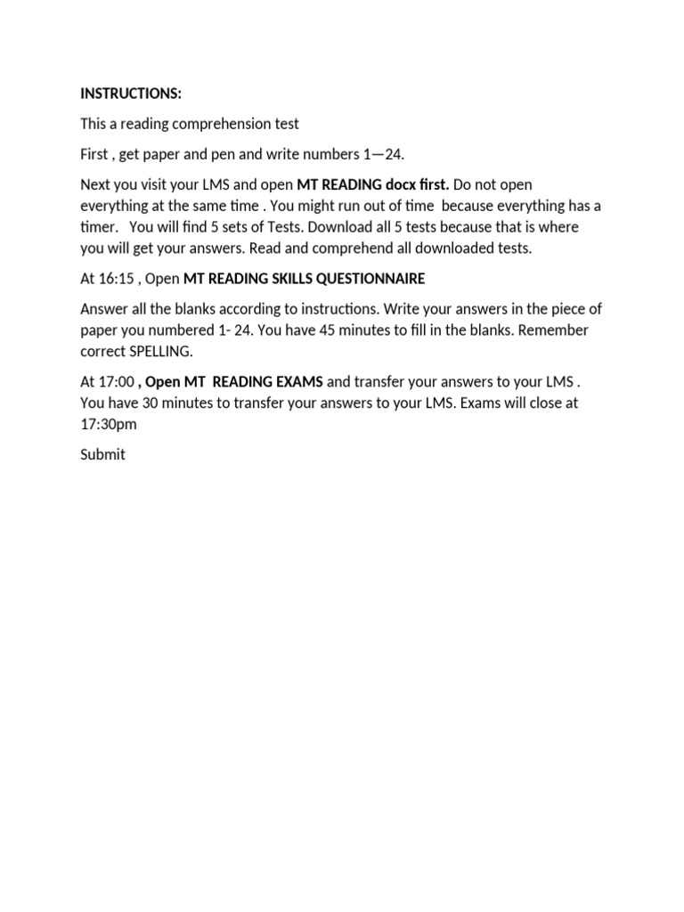 Reading Comprehension Test Instructions | PDF