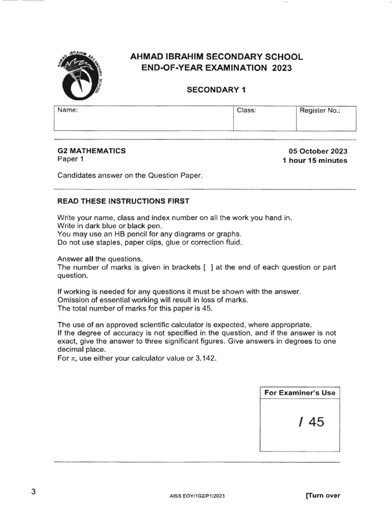 Math - Sec1 NA - SA2 - 2023 - Ahmad Ibrahim Sec | PDF | Mathematics | Elementary Mathematics