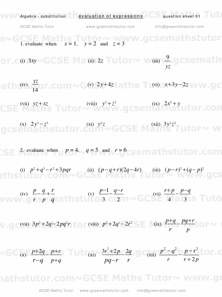 Algebra Substitution Practice Sheet | PDF | Teaching Mathematics