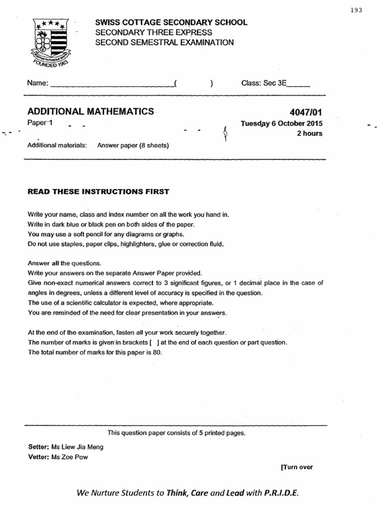 Sec 3 A Math SA2 2015 Swiss Cottage | PDF