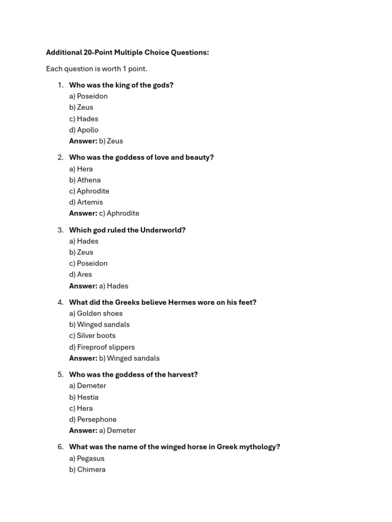 Zeus and Greek Mythology Quiz | PDF | Twelve Olympians | Zeus