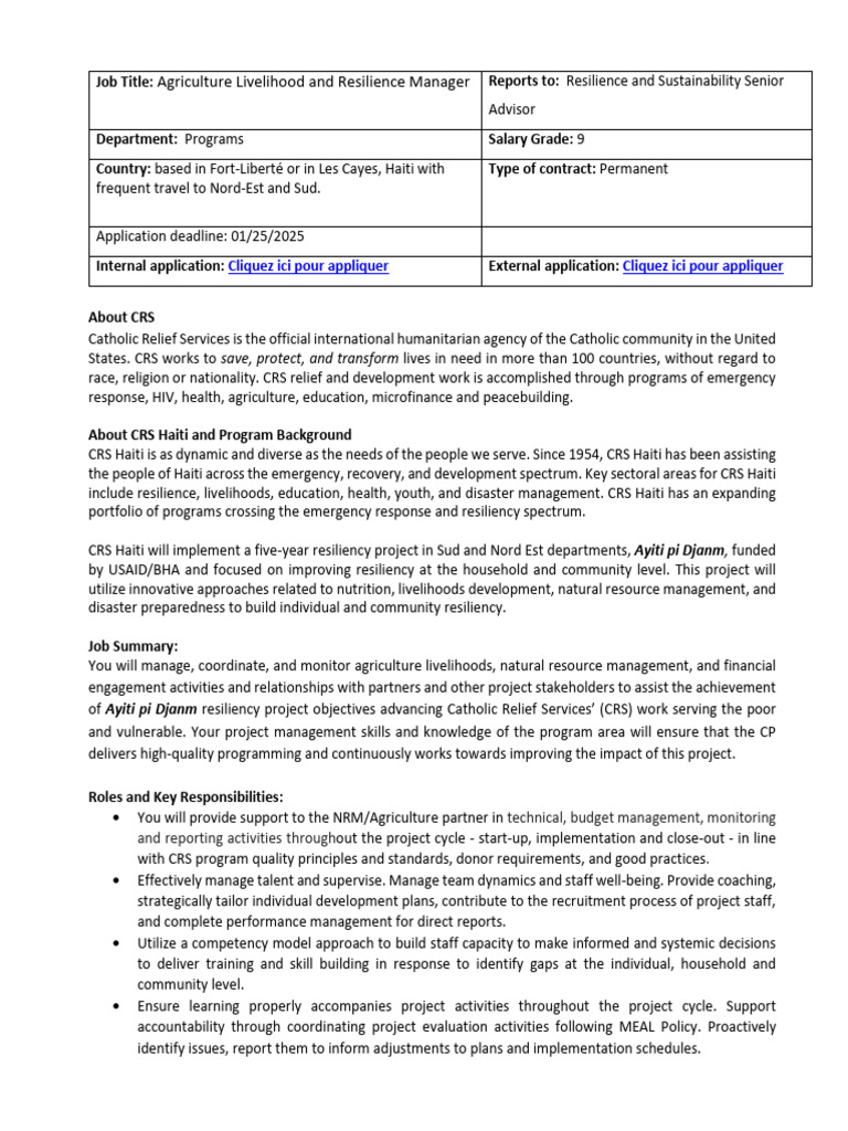 Agriculture Livelihoods Manager Job Opening | PDF | Capacity Building ...