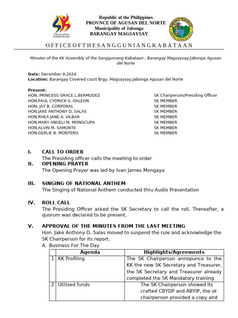 KK Assembly Minutes - December 2024 | PDF