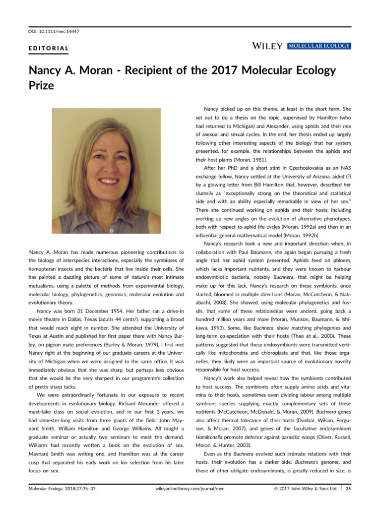 Molecular Ecology - 2018 - Queller - Nancy A Moran %E2%80%90 Recipient ...