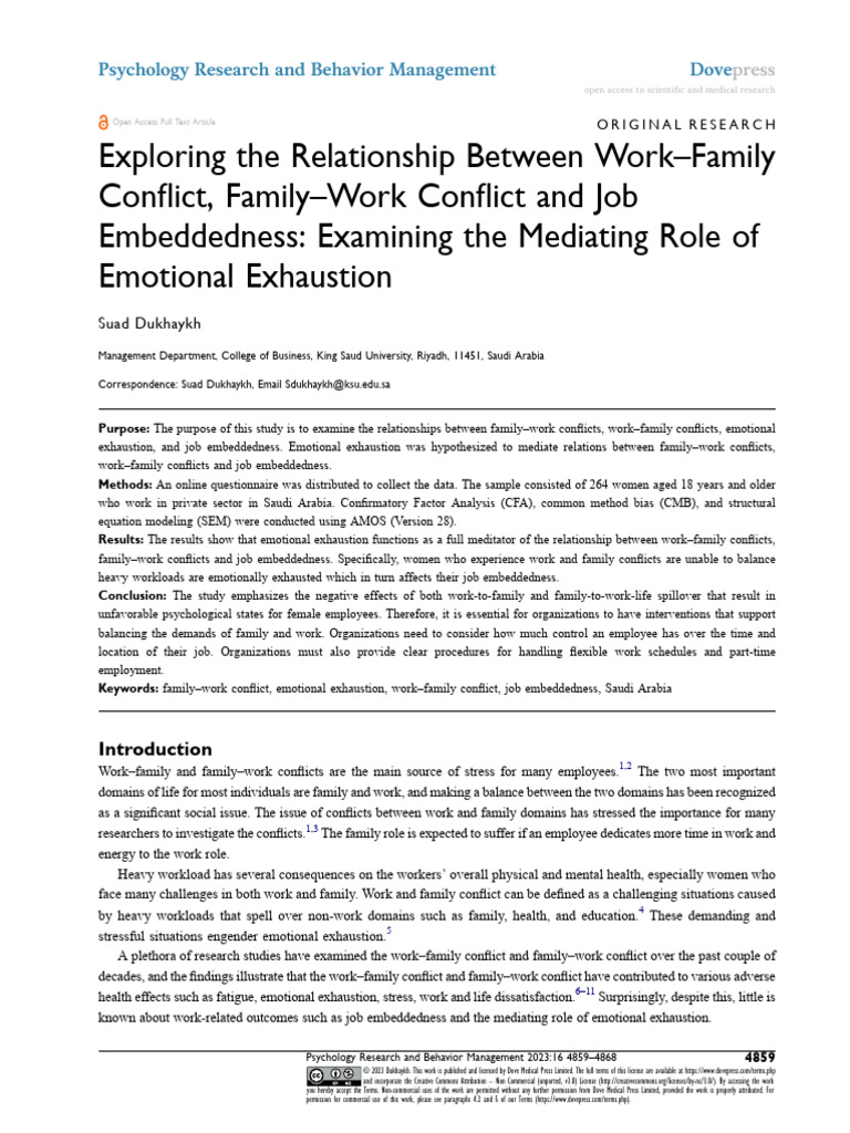 Work-Family Conflict and Job Embeddedness | PDF | Psychology