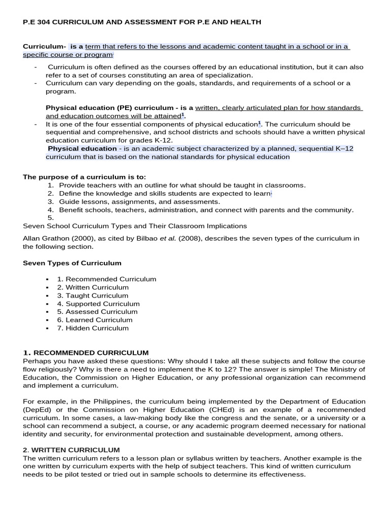 P E Curriculum And Assessment Guide Pdf Educational Assessment