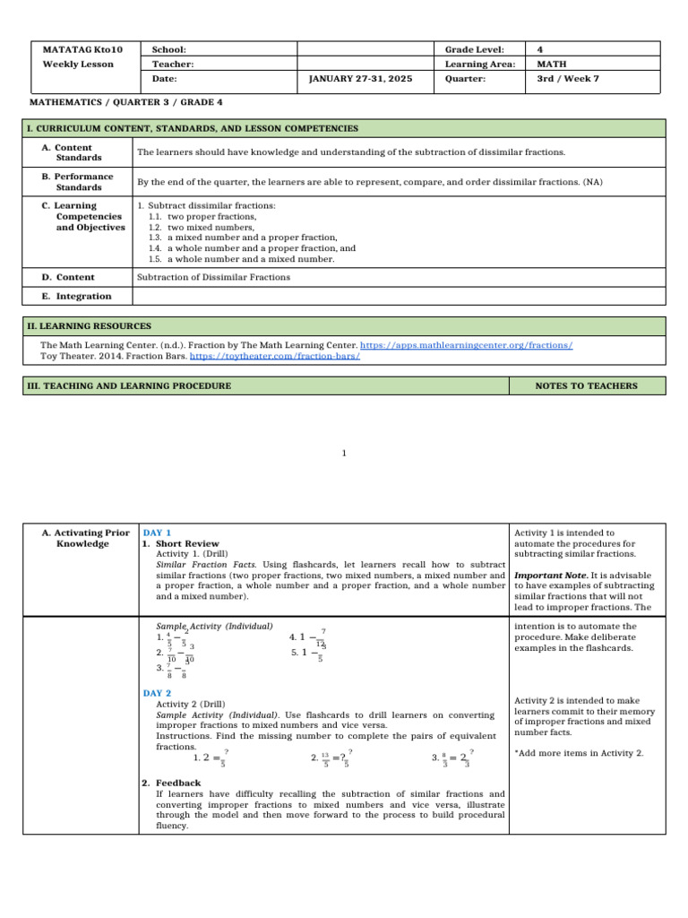 Math 4 - DLL - Q3 - Week 7 | PDF | Subtraction | Cognitive Psychology