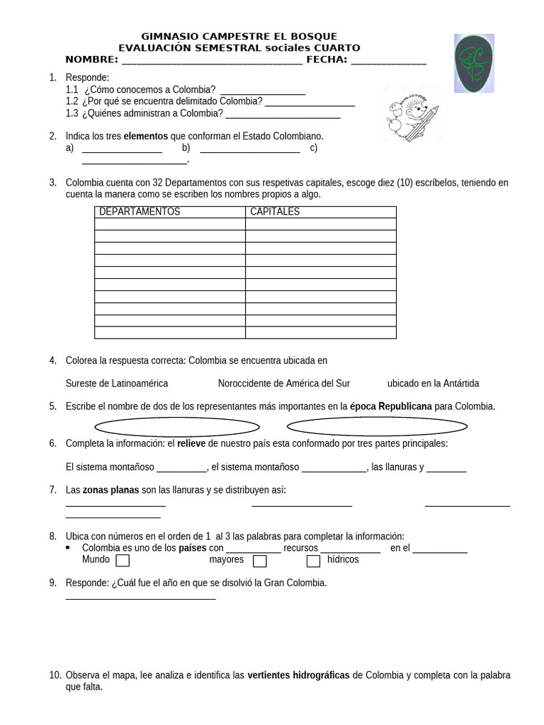 Evaluación Semestral de Sociales 4° Colombia | PDF | Colombia